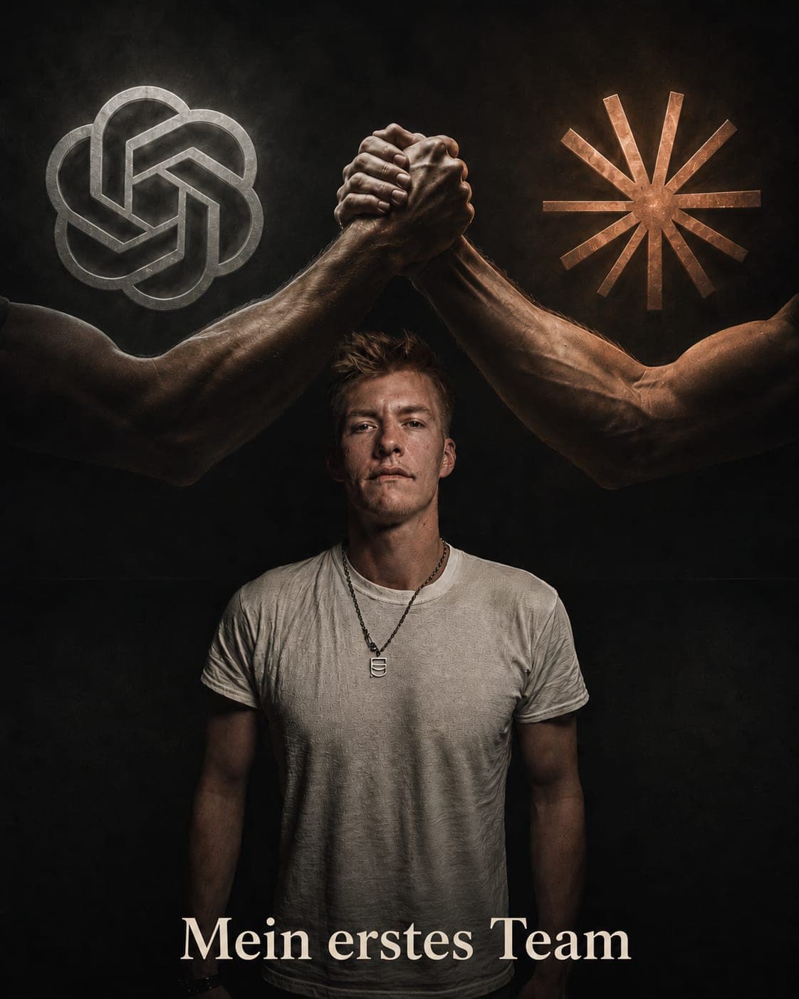 Zwei muskulöse Arme reichen sich im Handschlag über dem Kopf des Gründers die Hand. Links das Zeichen von OpenAI, rechts das von Anthropic. Sinnbild für das zusammengesetzte Team aus zwei Häusern.