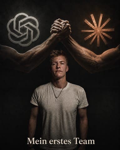 Zwei Arme im Handschlag über dem Gründer, links OpenAI, rechts Anthropic