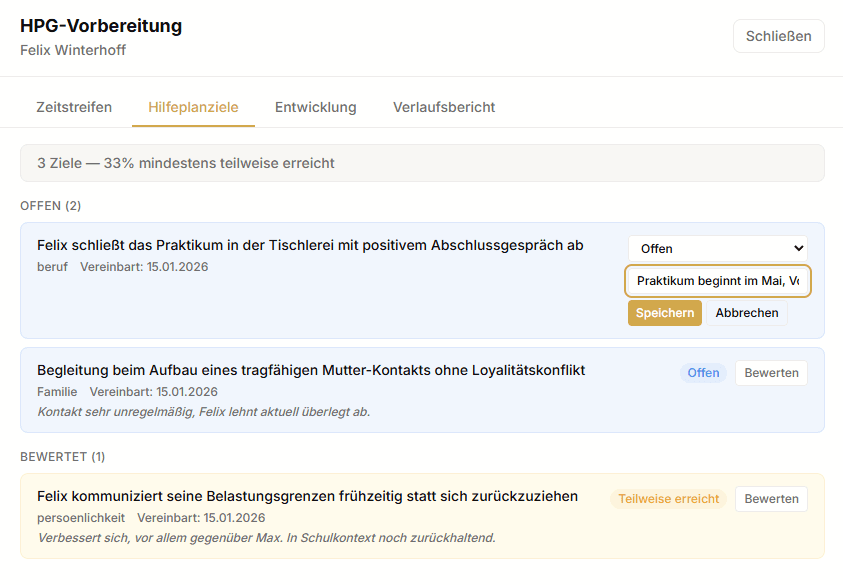 HPG-Vorbereitung, Reiter Hilfeplanziele, mit Status