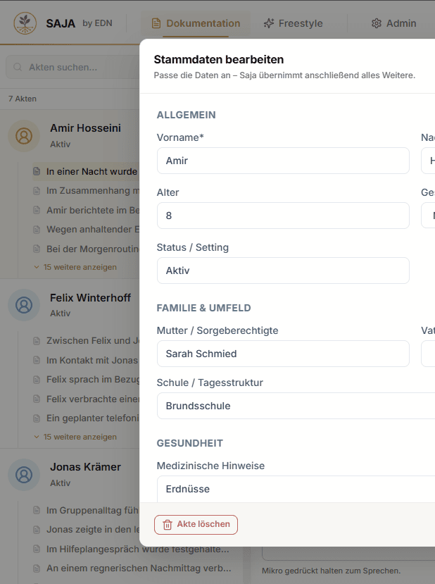 Stammdaten einer Akte in SAJA, Edit-Modus