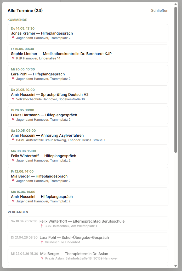 Terminliste in SAJA, gruppiert nach Kommend und Vergangen