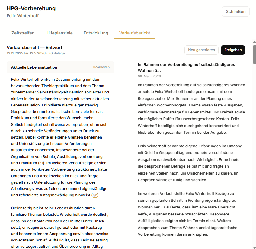 Verlaufsbericht-Entwurf mit Quellen-Marken im Fließtext