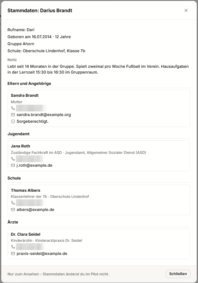 Bildschirmfoto der Stammdaten eines Kindes im SAJA-Prototyp: Rufname, Alter, Gruppe, Schule und eine Notiz, darunter die Menschen um das Kind: Mutter, Jugendamt, Klassenlehrer und Kinderärztin. Die Telefonnummern sind unkenntlich gemacht.